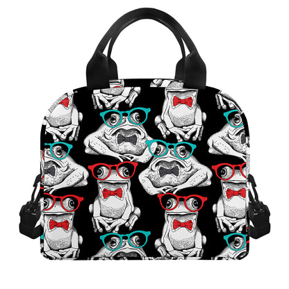 Hipster Frog Pattern Print Insulated Lunch Bag