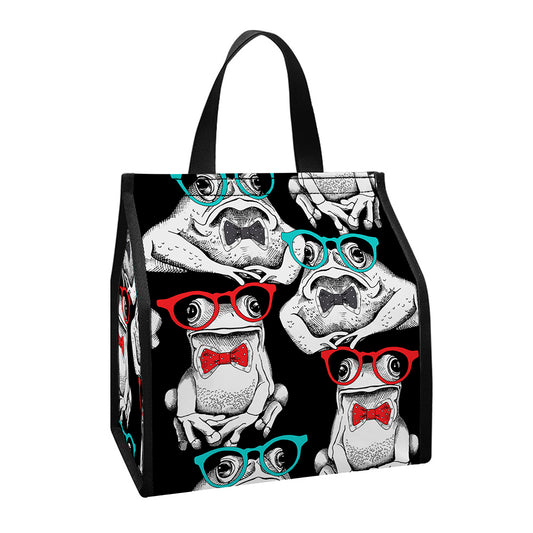 Hipster Frog Pattern Print Insulated Lunch Tote