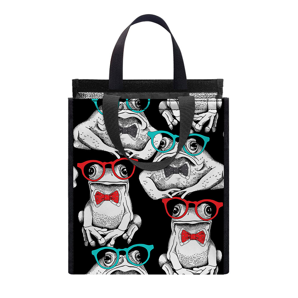 Hipster Frog Pattern Print Insulated Lunch Tote