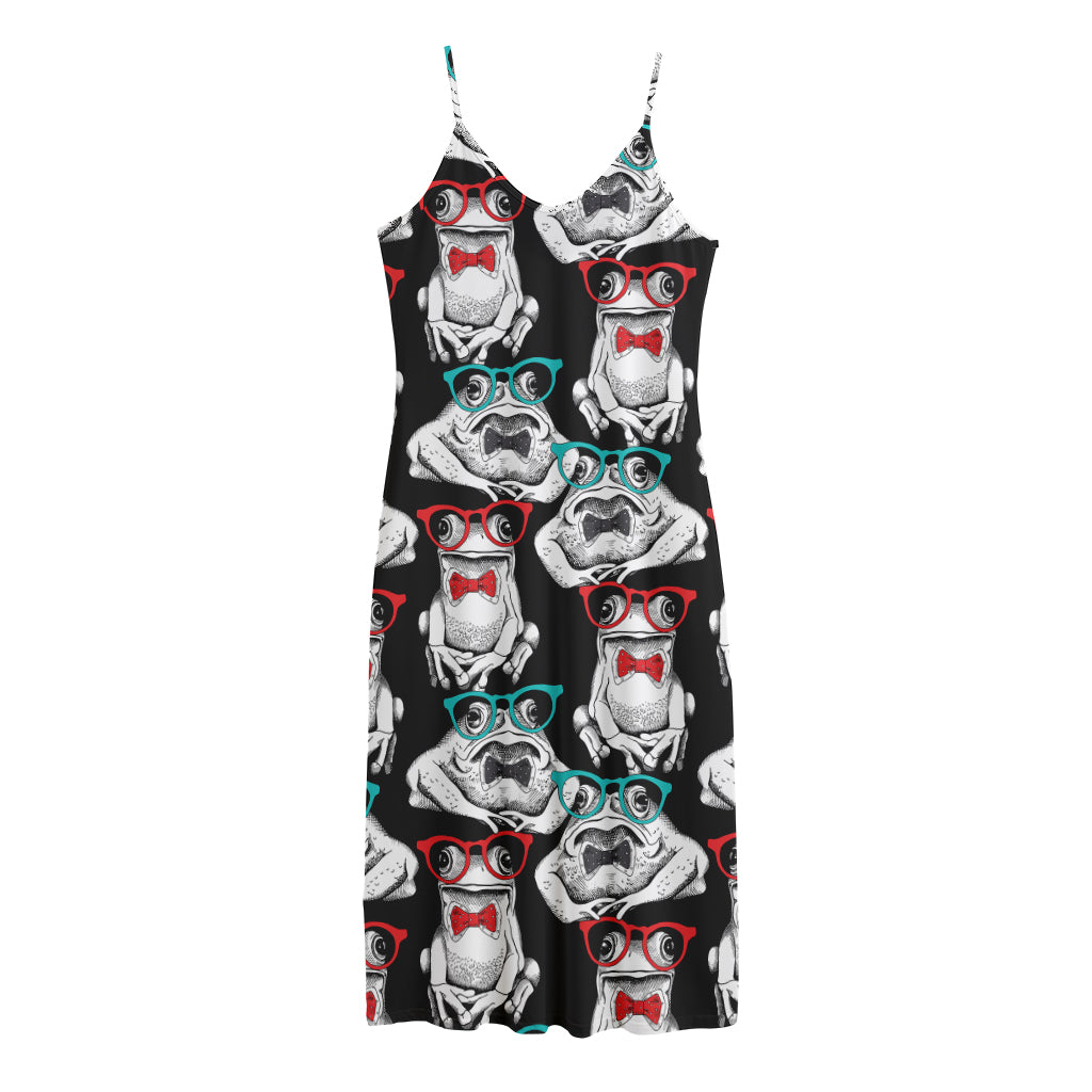 Hipster Frog Pattern Print Jersey Midi Cami Dress