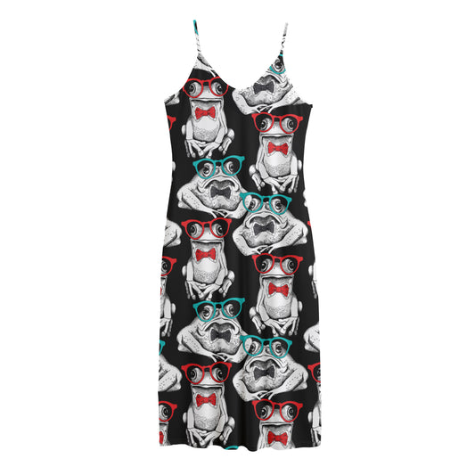 Hipster Frog Pattern Print Jersey Midi Cami Dress