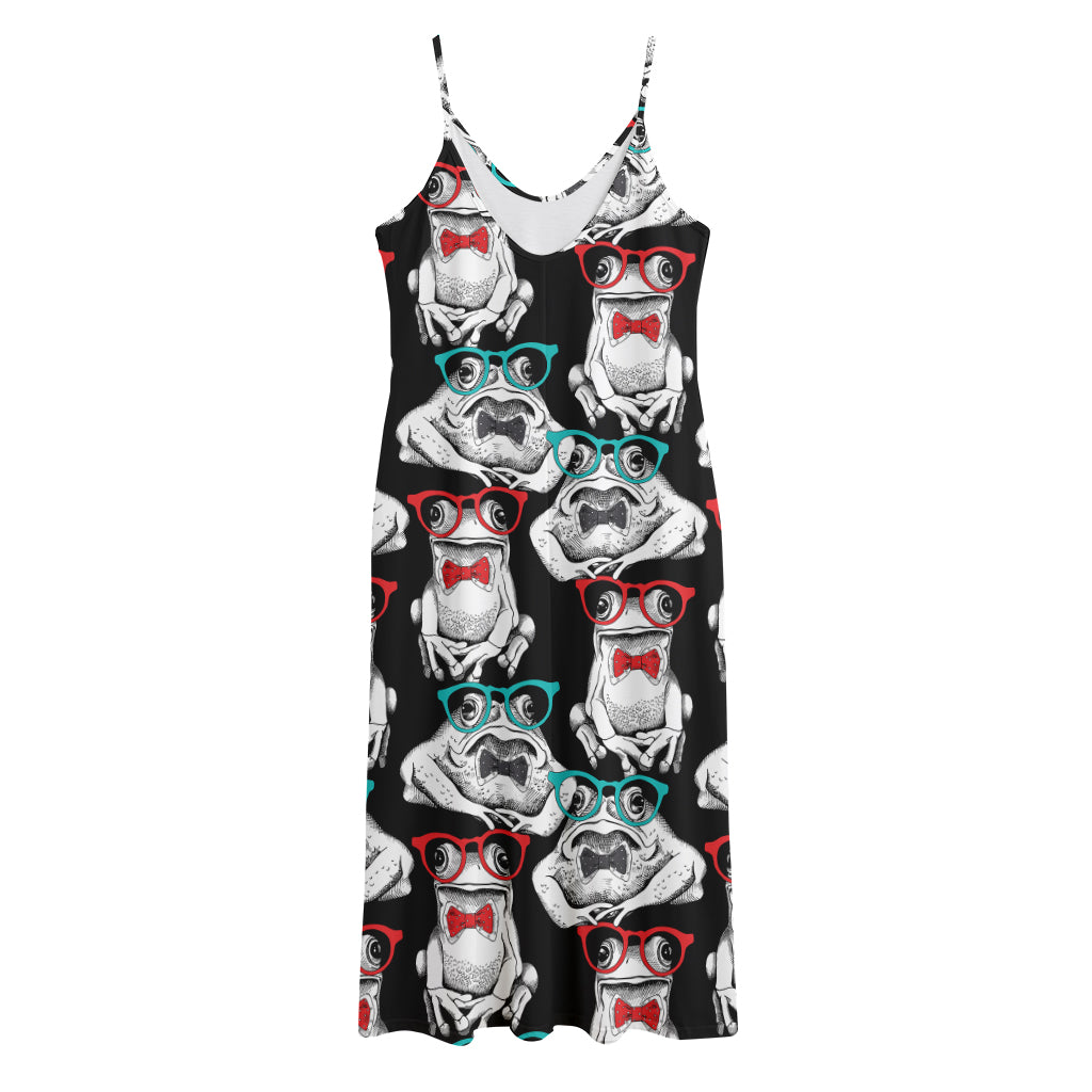 Hipster Frog Pattern Print Jersey Midi Cami Dress