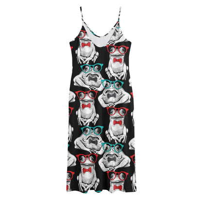 Hipster Frog Pattern Print Jersey Midi Cami Dress