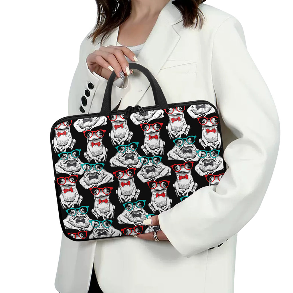 Hipster Frog Pattern Print Laptop Sleeve With Handle