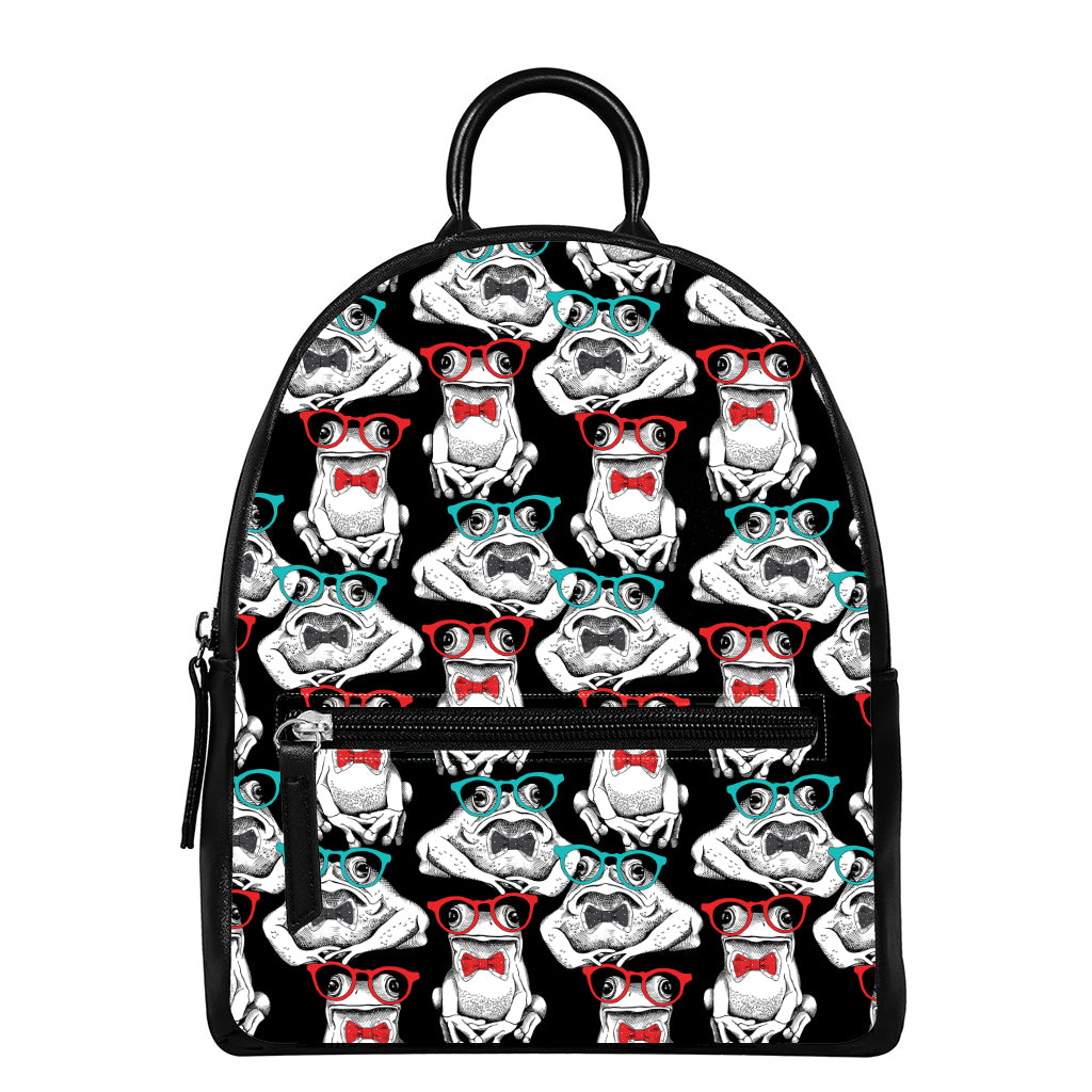 Hipster Frog Pattern Print Leather Backpack
