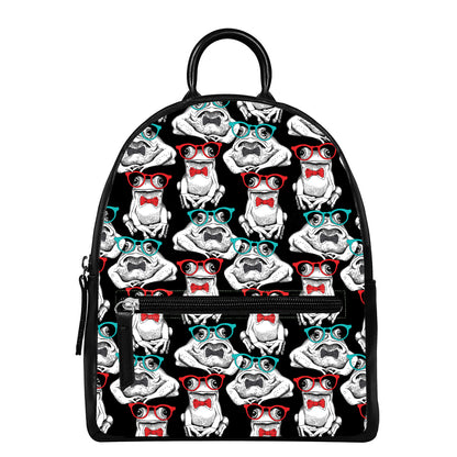 Hipster Frog Pattern Print Leather Backpack