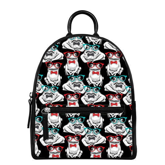 Hipster Frog Pattern Print Leather Backpack