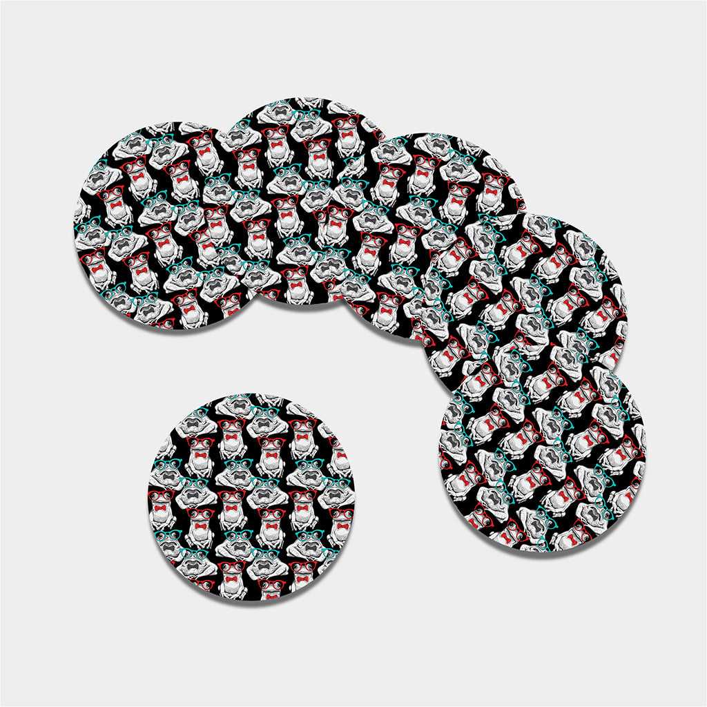 Hipster Frog Pattern Print Leather Coaster Set