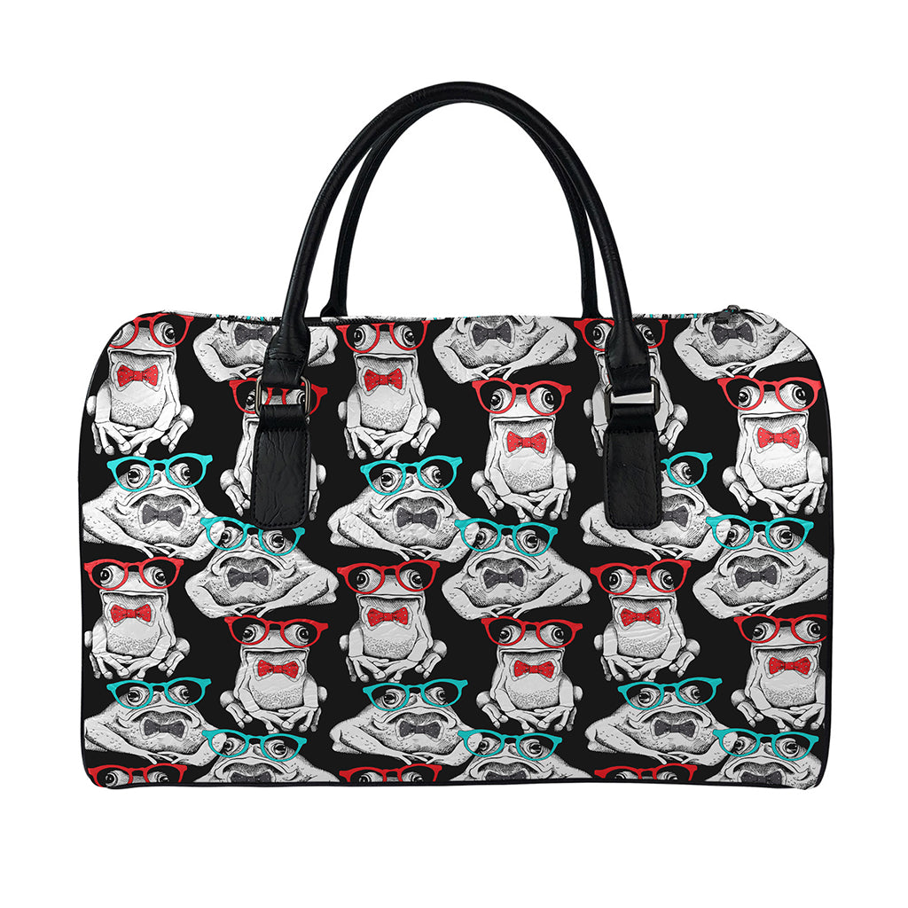 Hipster Frog Pattern Print Leather Duffle Bag