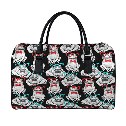 Hipster Frog Pattern Print Leather Duffle Bag