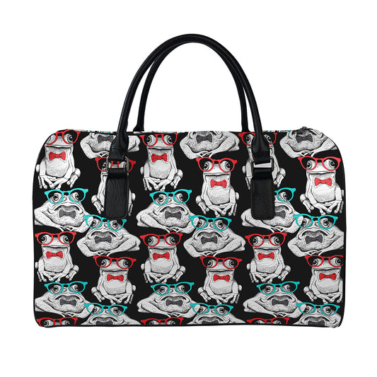 Hipster Frog Pattern Print Leather Duffle Bag
