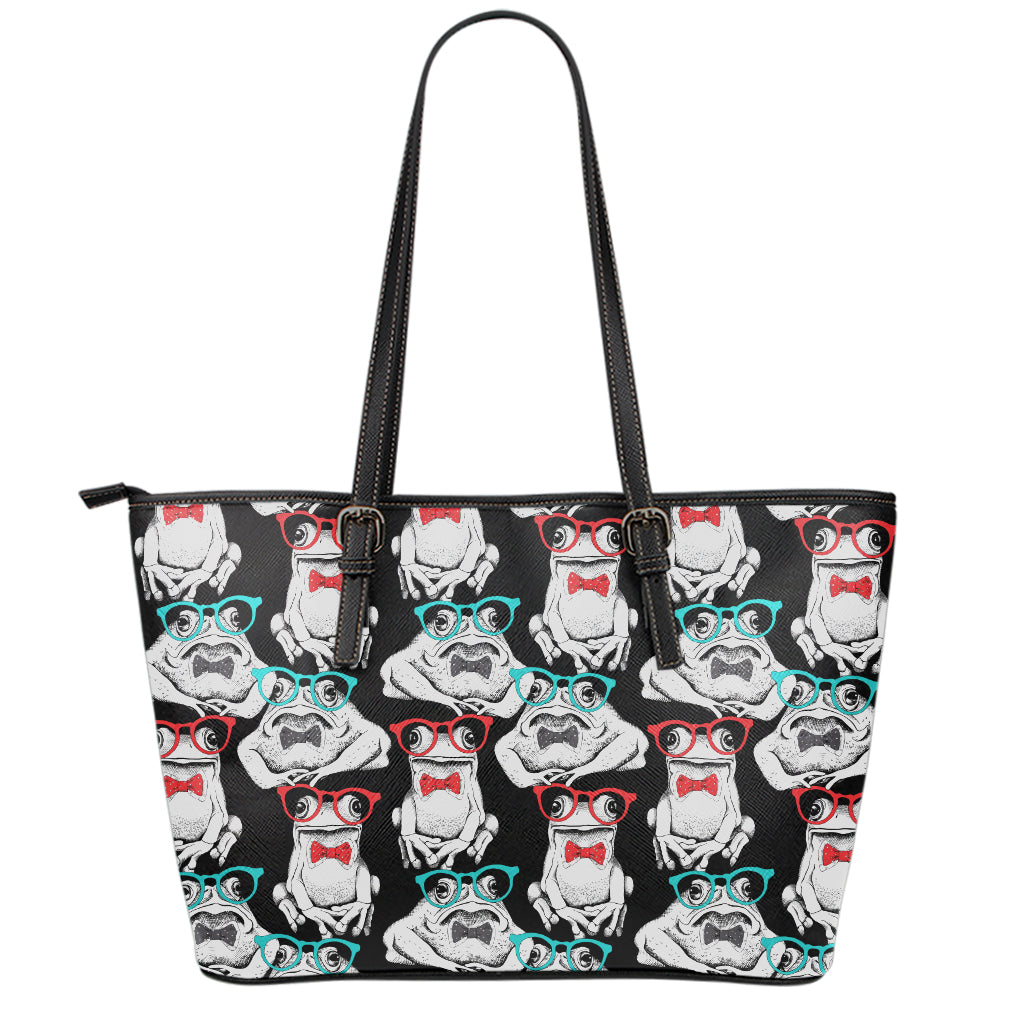 Hipster Frog Pattern Print Leather Tote Bag