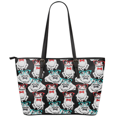 Hipster Frog Pattern Print Leather Tote Bag