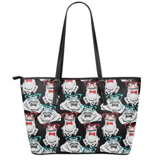 Hipster Frog Pattern Print Leather Tote Bag