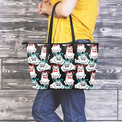 Hipster Frog Pattern Print Leather Tote Bag