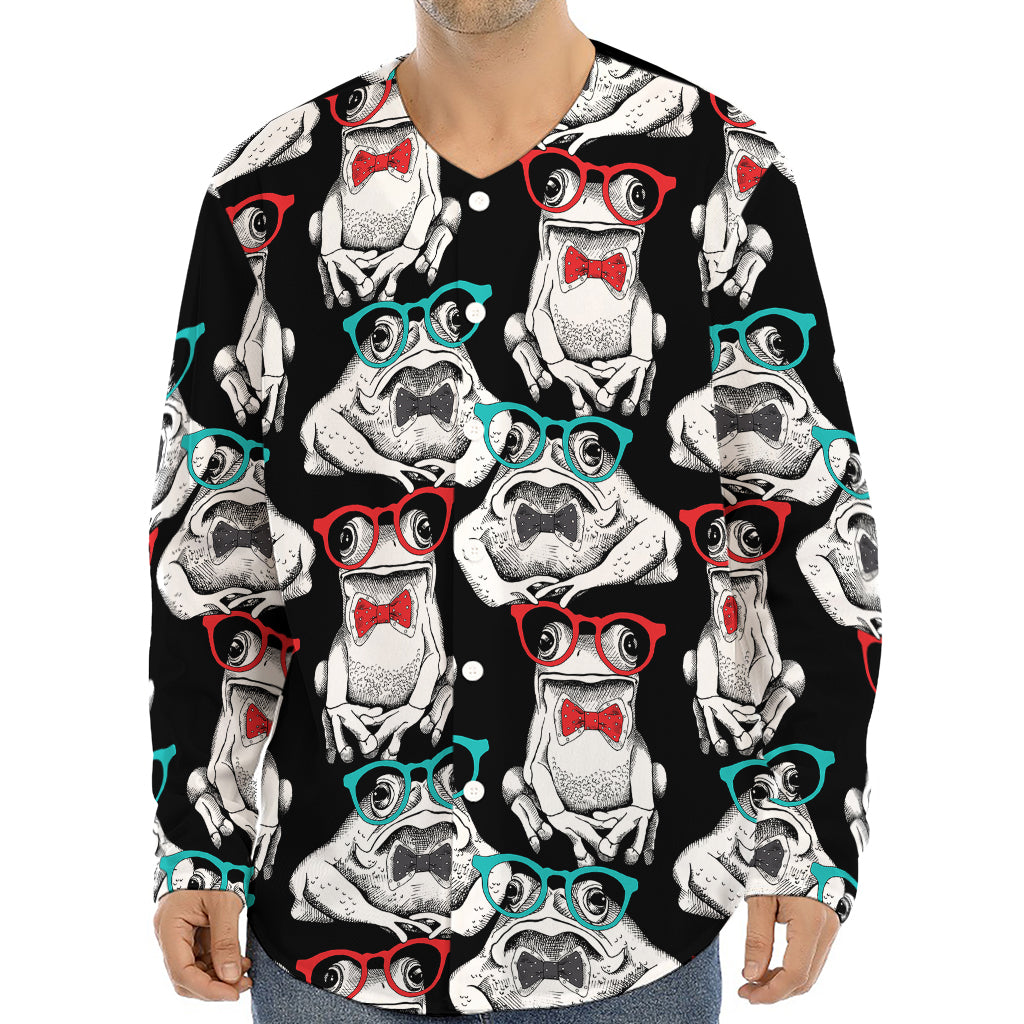 Hipster Frog Pattern Print Long Sleeve Baseball Jersey