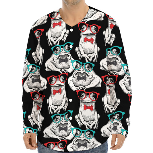 Hipster Frog Pattern Print Long Sleeve Baseball Jersey