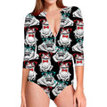 Hipster Frog Pattern Print Long Sleeve Swimsuit