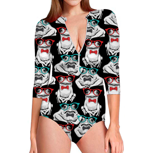 Hipster Frog Pattern Print Long Sleeve Swimsuit
