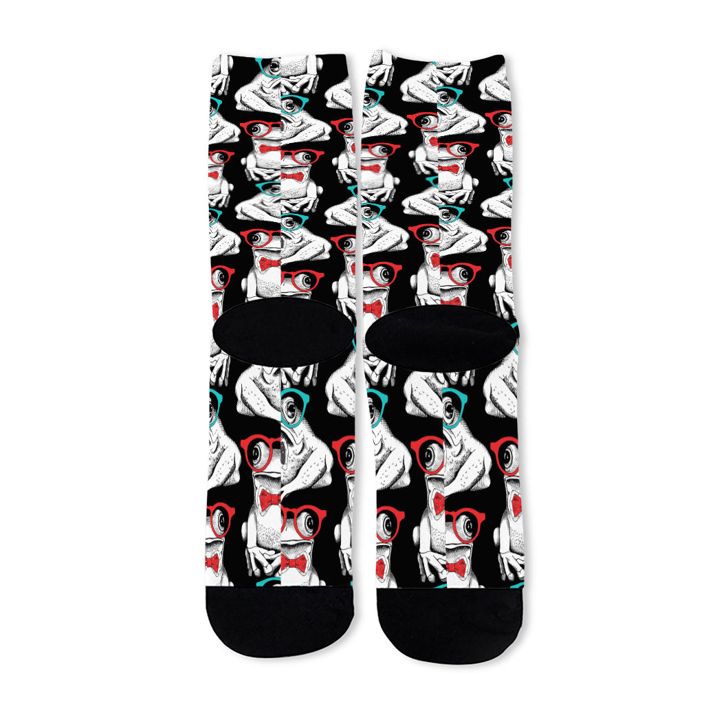 Hipster Frog Pattern Print Long Socks