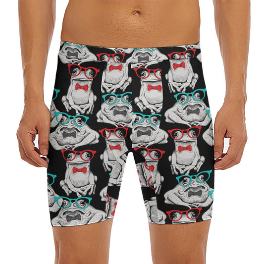 Hipster Frog Pattern Print Men's Long Boxer Briefs