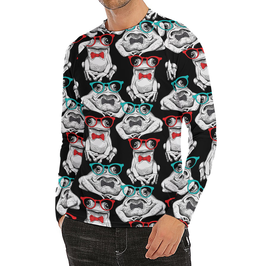 Hipster Frog Pattern Print Men's Long Sleeve Rash Guard