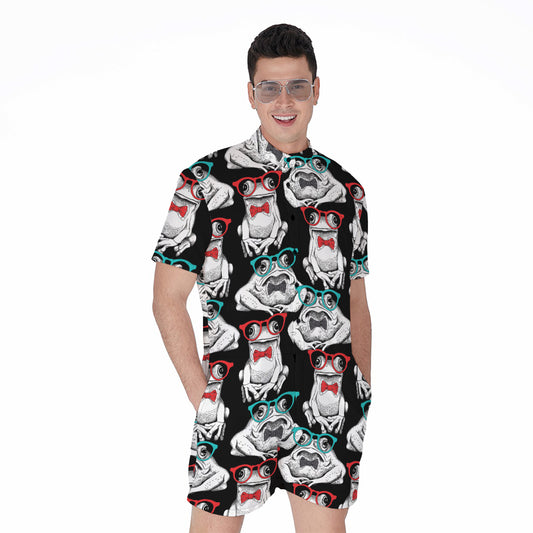 Hipster Frog Pattern Print Men's Rompers