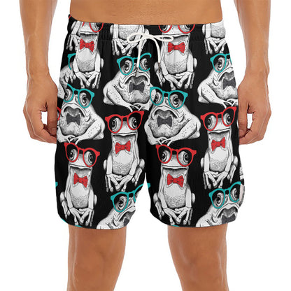 Hipster Frog Pattern Print Men's Split Running Shorts
