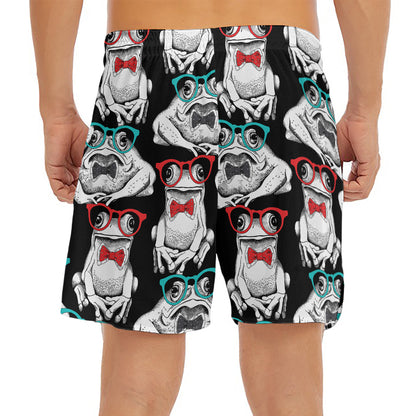 Hipster Frog Pattern Print Men's Split Running Shorts