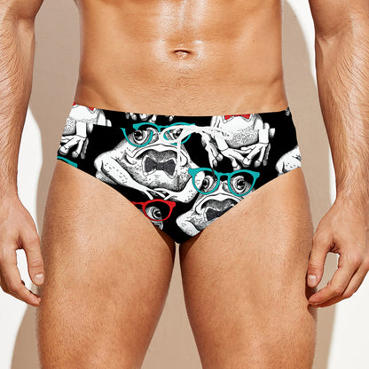 Hipster Frog Pattern Print Men's Swim Briefs
