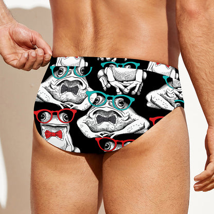 Hipster Frog Pattern Print Men's Swim Briefs