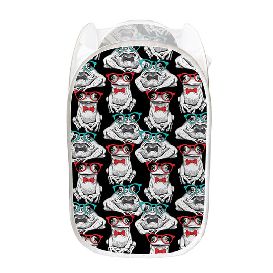 Hipster Frog Pattern Print Mesh Laundry Hamper