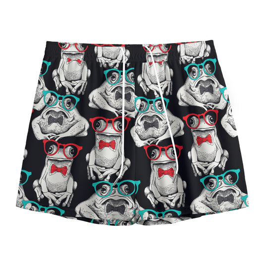 Hipster Frog Pattern Print Mesh Shorts