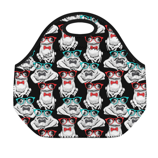 Hipster Frog Pattern Print Neoprene Lunch Bag