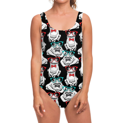 Hipster Frog Pattern Print One Piece Swimsuit