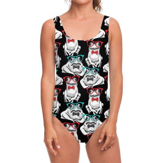 Hipster Frog Pattern Print One Piece Swimsuit