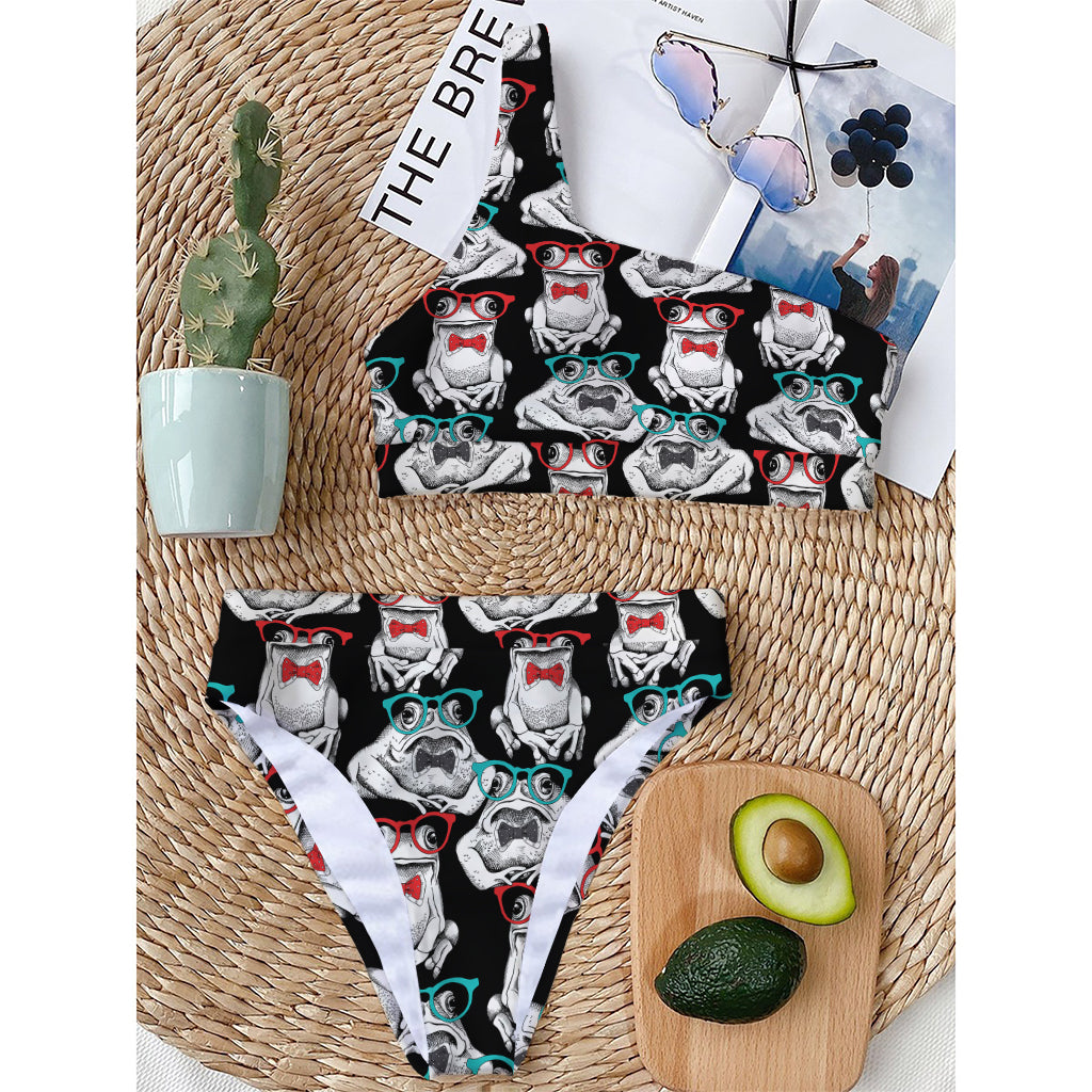 Hipster Frog Pattern Print One Shoulder Bikini Top