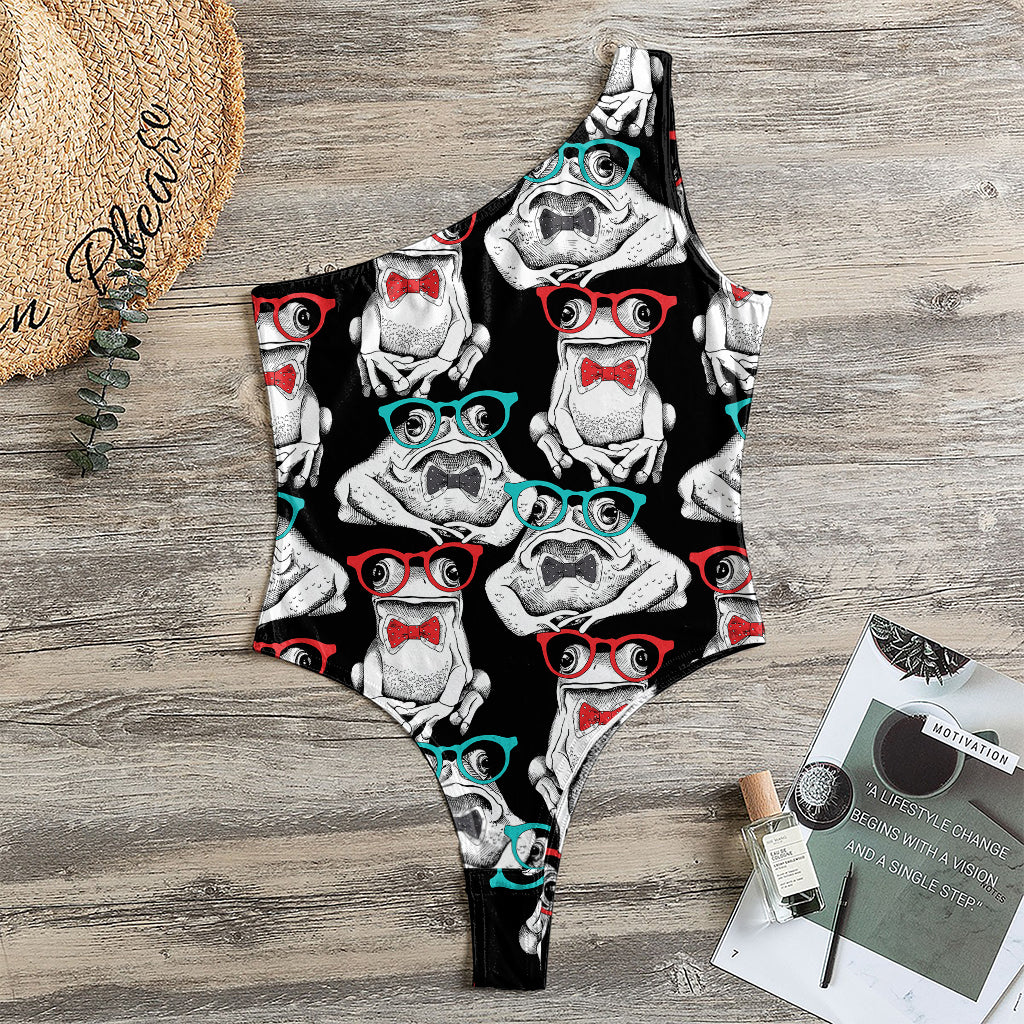 Hipster Frog Pattern Print One Shoulder Bodysuit