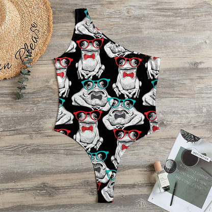 Hipster Frog Pattern Print One Shoulder Bodysuit