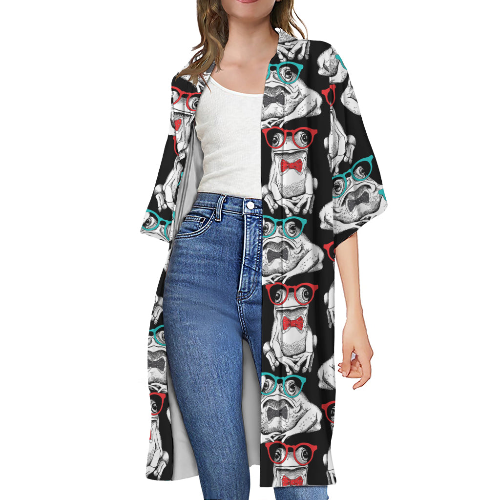 Hipster Frog Pattern Print Open Front Beach Cover Up