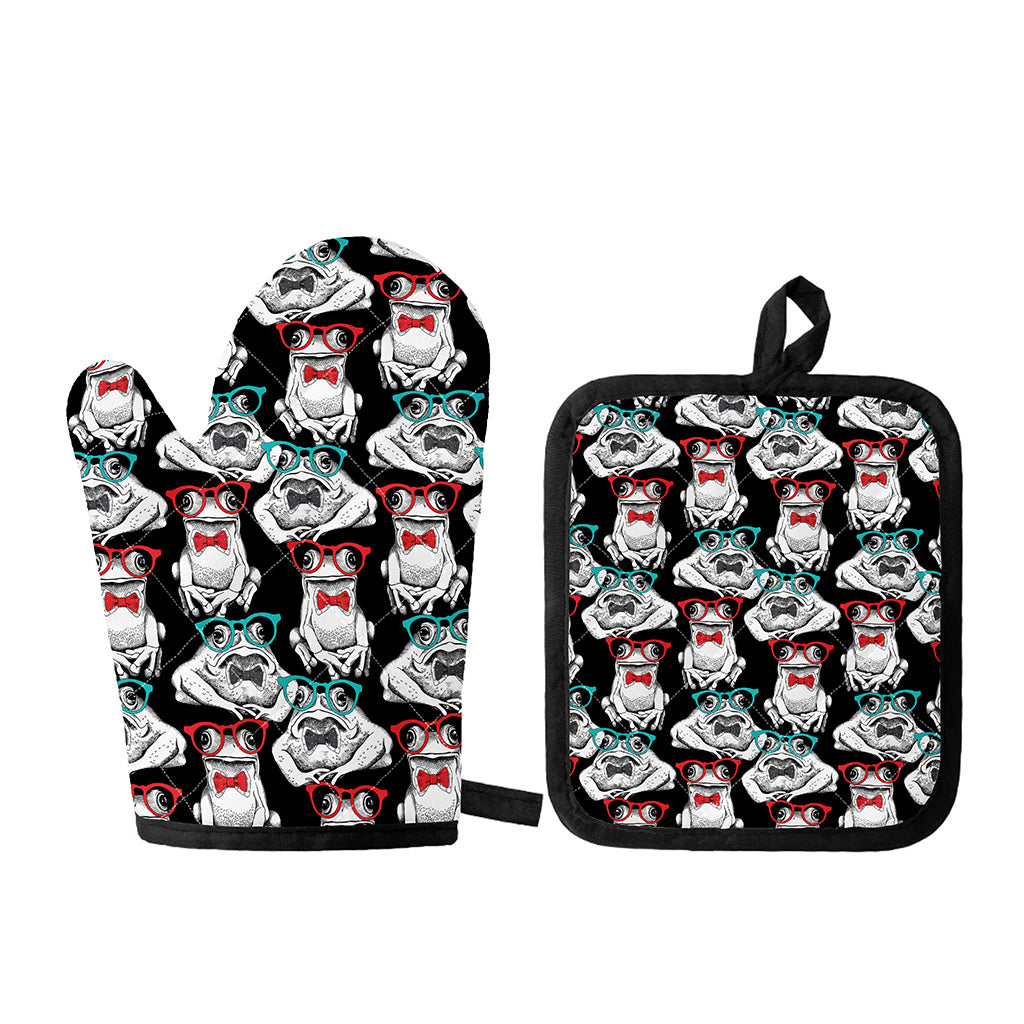 Hipster Frog Pattern Print Oven Mitt And Pot Holder Set