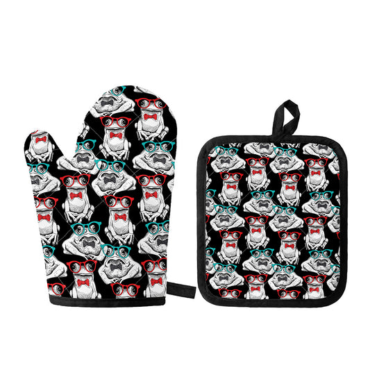 Hipster Frog Pattern Print Oven Mitt And Pot Holder Set
