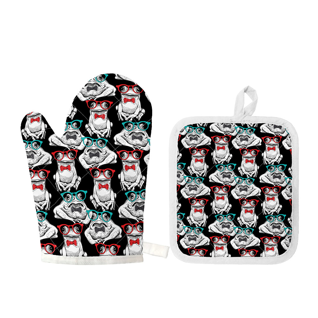 Hipster Frog Pattern Print Oven Mitt And Pot Holder Set