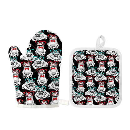 Hipster Frog Pattern Print Oven Mitt And Pot Holder Set