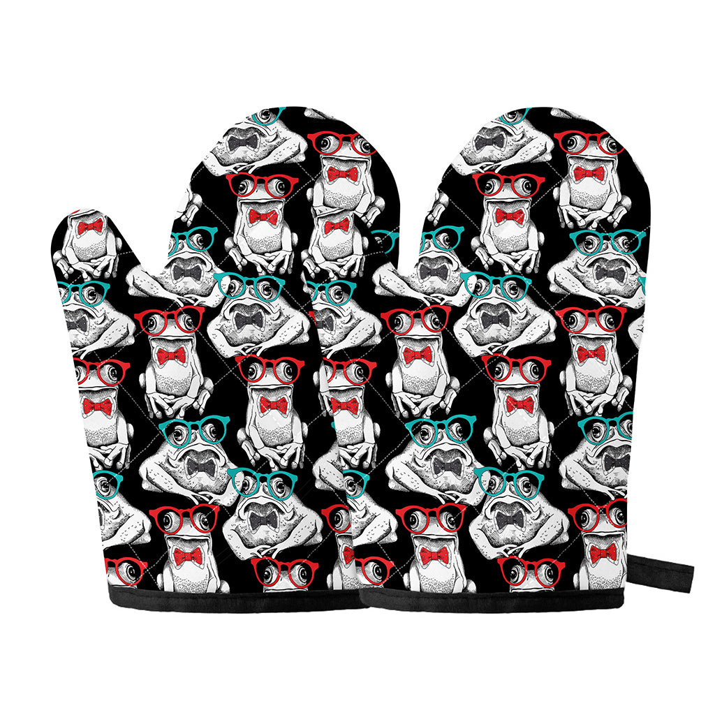 Hipster Frog Pattern Print Oven Mitts