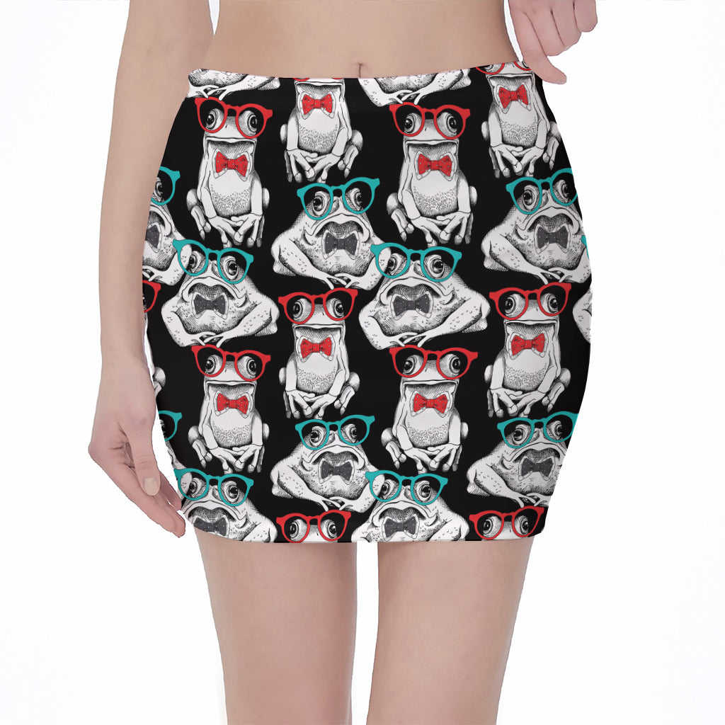 Hipster Frog Pattern Print Pencil Mini Skirt