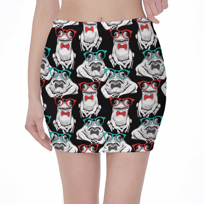 Hipster Frog Pattern Print Pencil Mini Skirt