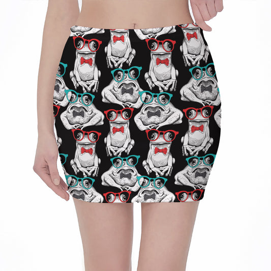 Hipster Frog Pattern Print Pencil Mini Skirt