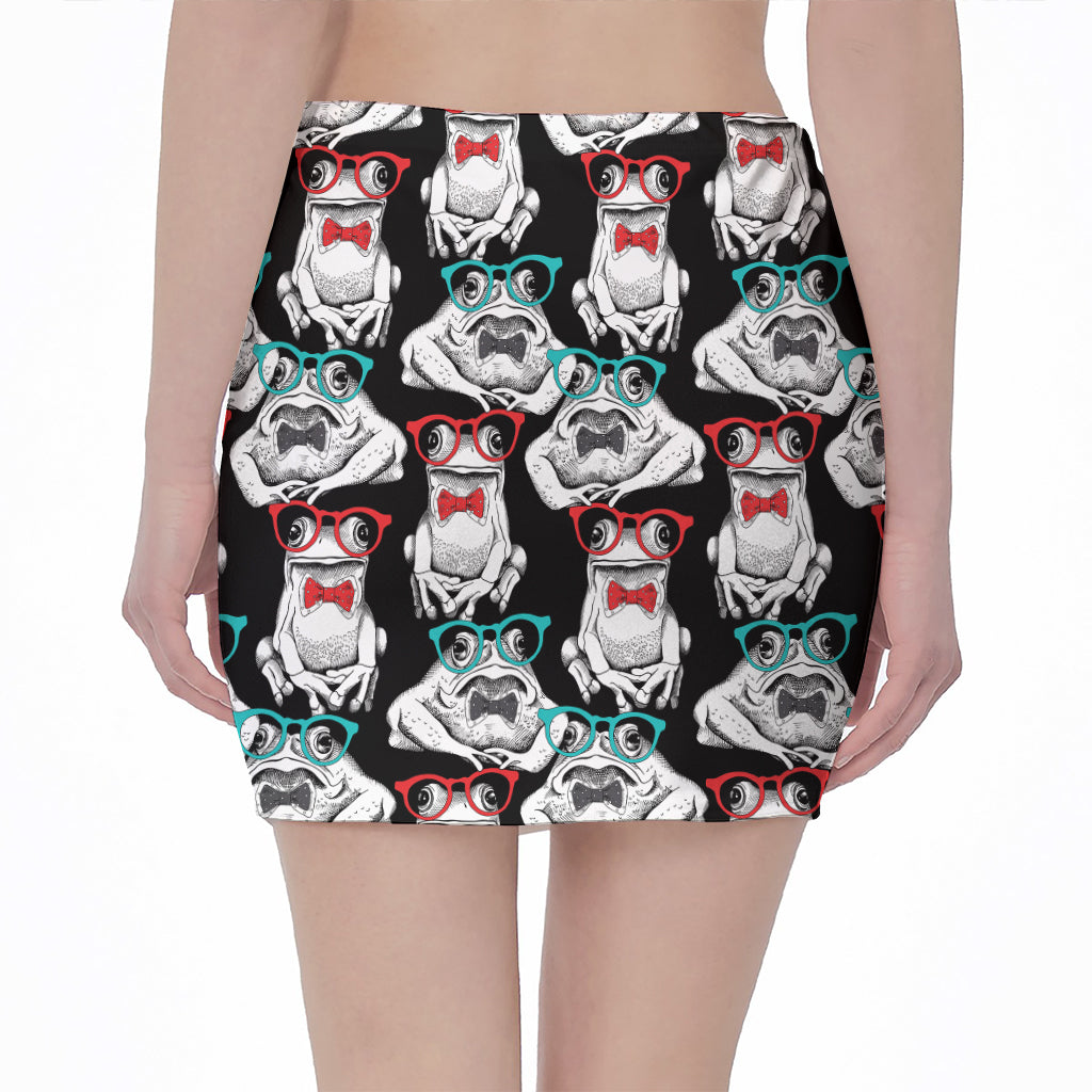 Hipster Frog Pattern Print Pencil Mini Skirt