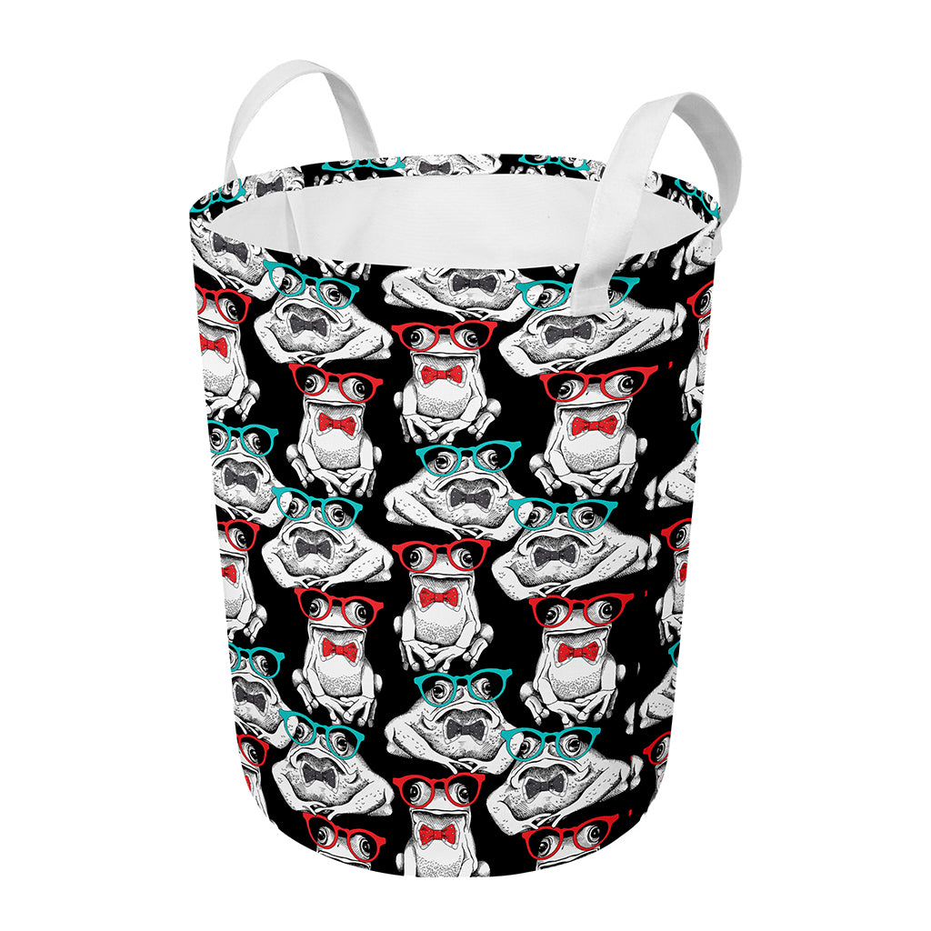 Hipster Frog Pattern Print Round Laundry Basket